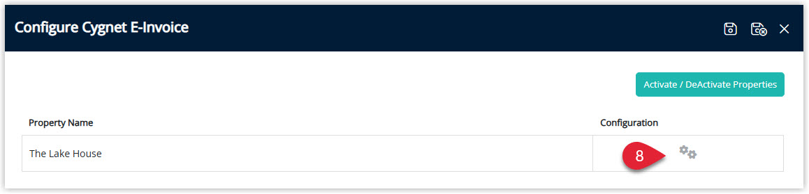 Annotated screenshot of the Configure Cygnet E-Invoice screen in RMS showing the property list with the configuration gear icon highlighted