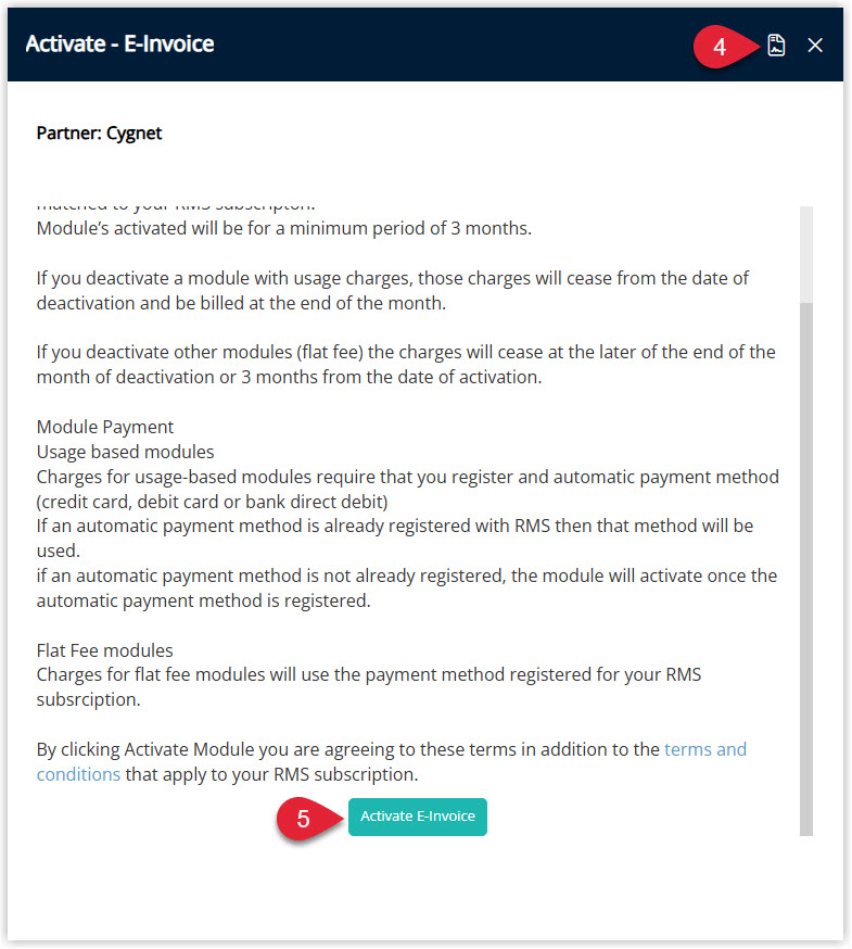 Annotated screenshot of the Module Market activation panel in RMS showing the terms and conditions for the E-Invoice Cygnet module with the Activate E-Invoice button highlighted