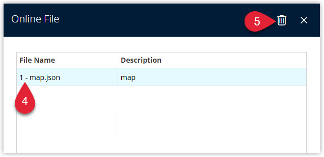 Annotated screenshot of the Online File window in RMS highlighting the map file and the delete icon