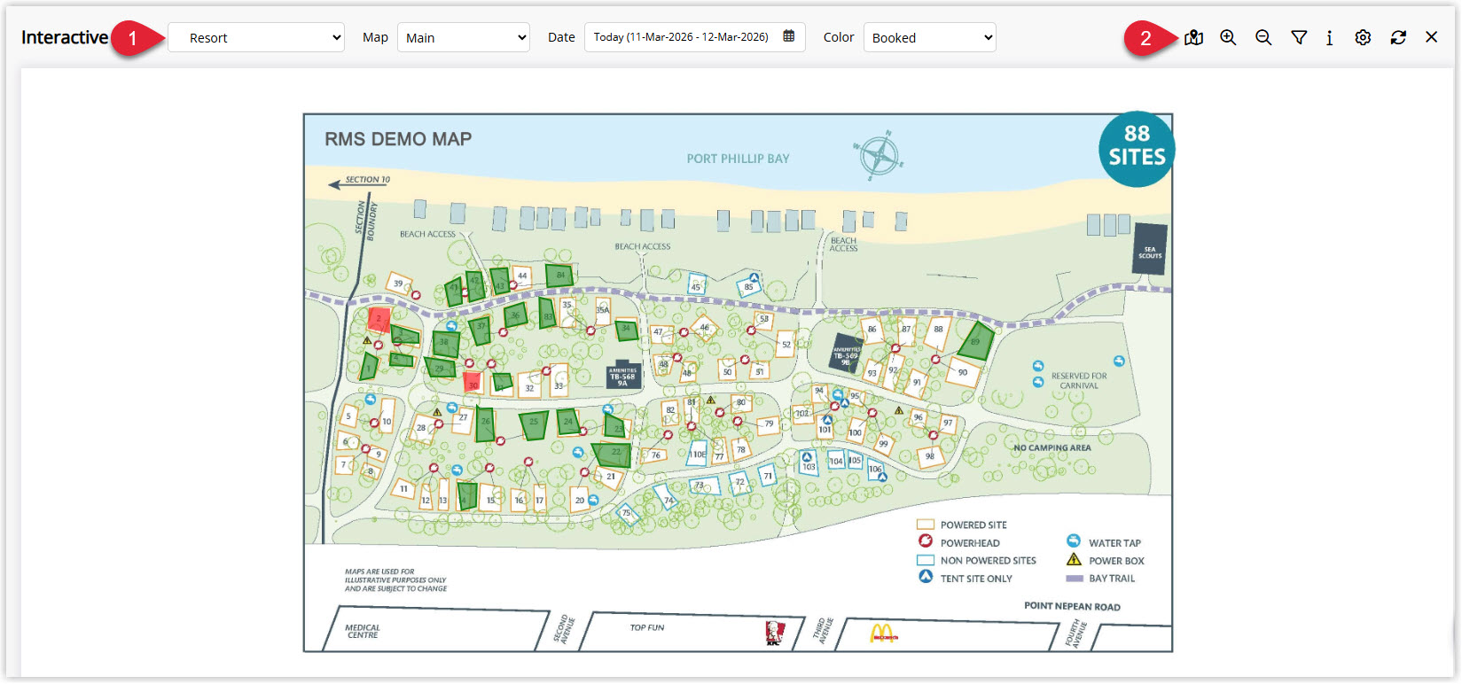 Annotated screenshot of the Interactive screen in RMS highlighting the property selector and the Map Management icon