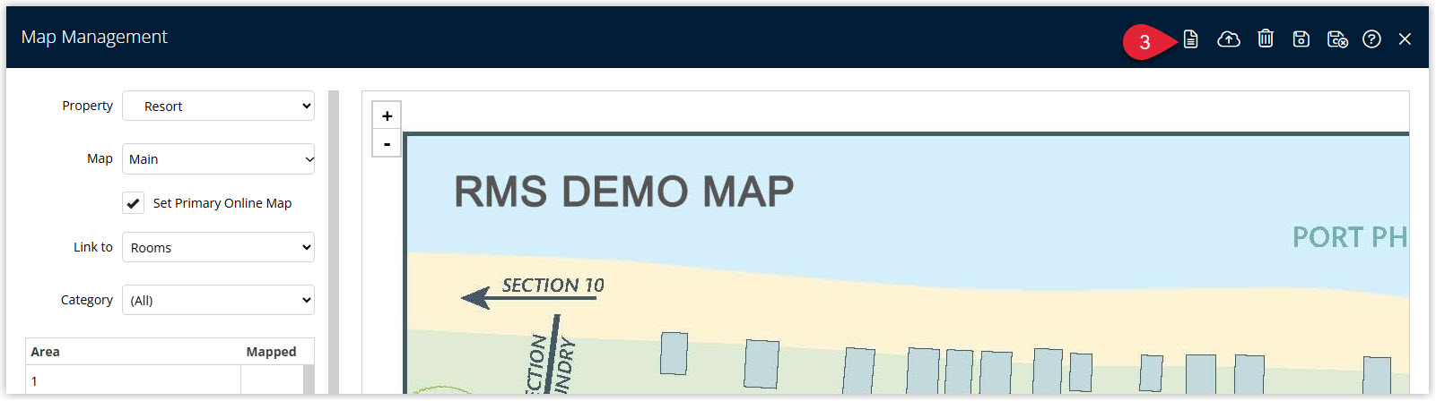 Annotated screenshot of the Map Management screen in RMS highlighting the map file icon to open the Online File list