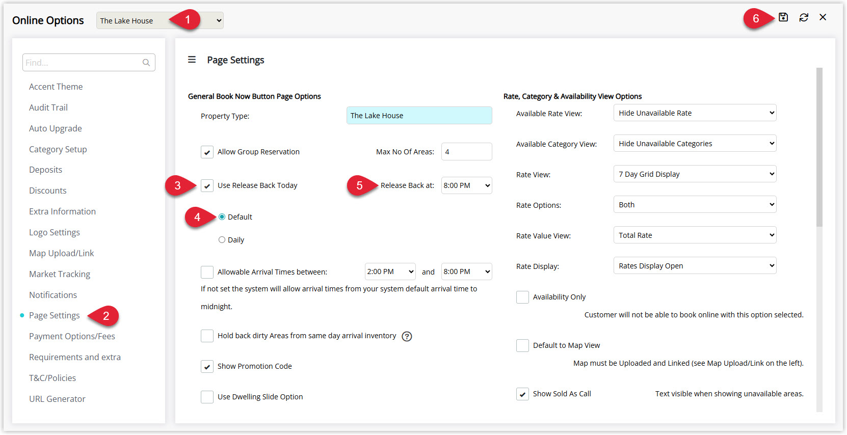 Annotated screenshot of the Online Options Page Settings in RMS showing Use Release Back Today enabled with the Default release back time set