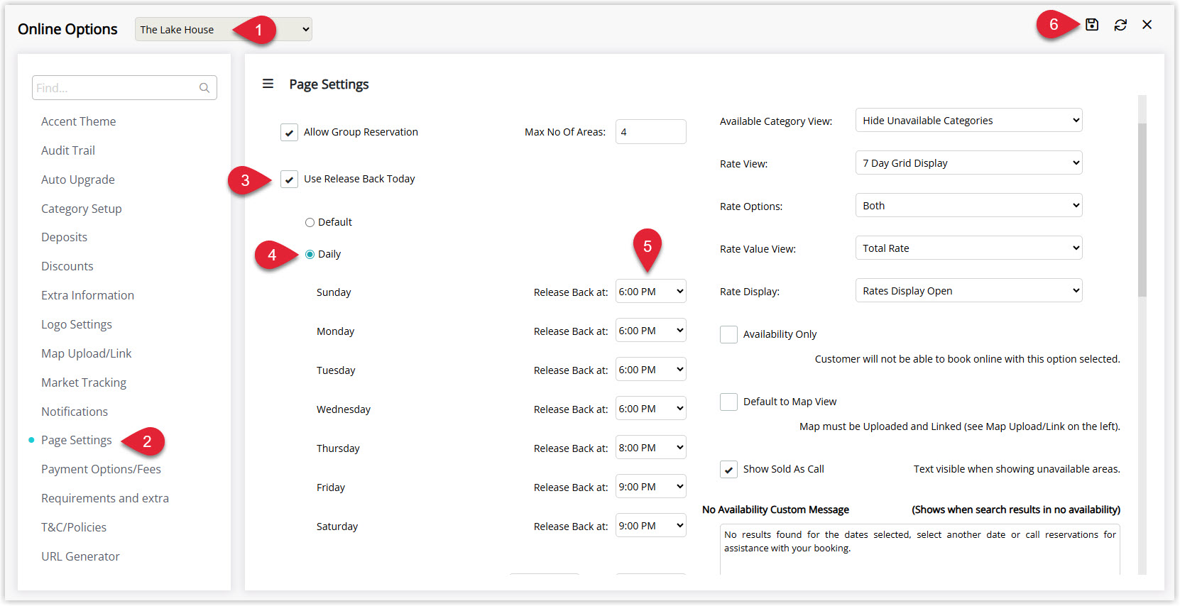 Annotated screenshot of the Online Options Page Settings in RMS showing Use Release Back Today enabled with Daily release back times set per day of the week