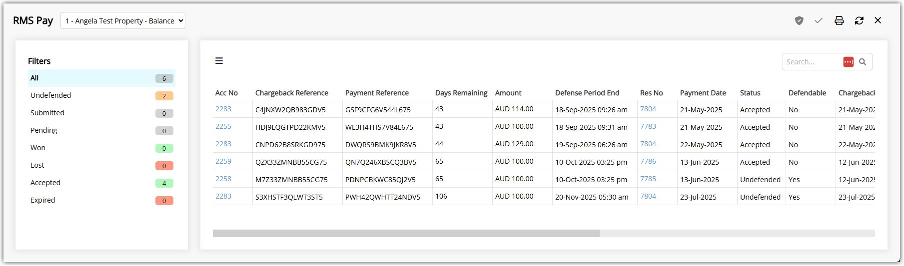 Screenshot of the Chargebacks screen in RMS Pay showing the list of chargebacks with status filters and columns for account, reference, amount, and defense period end