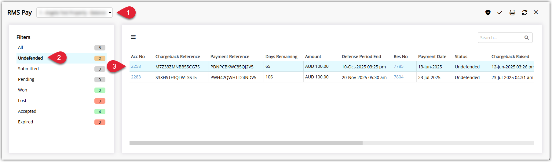 Annotated screenshot of the Chargebacks screen in RMS Pay showing the property selector, the Undefended filter, and an undefended chargeback row highlighted