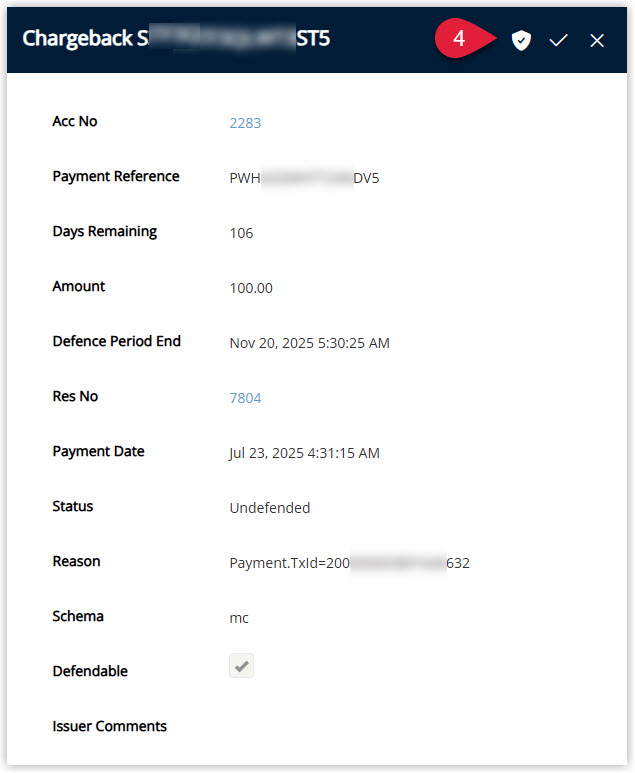 Annotated screenshot of the chargeback details panel in RMS Pay showing the chargeback information with the defend icon highlighted