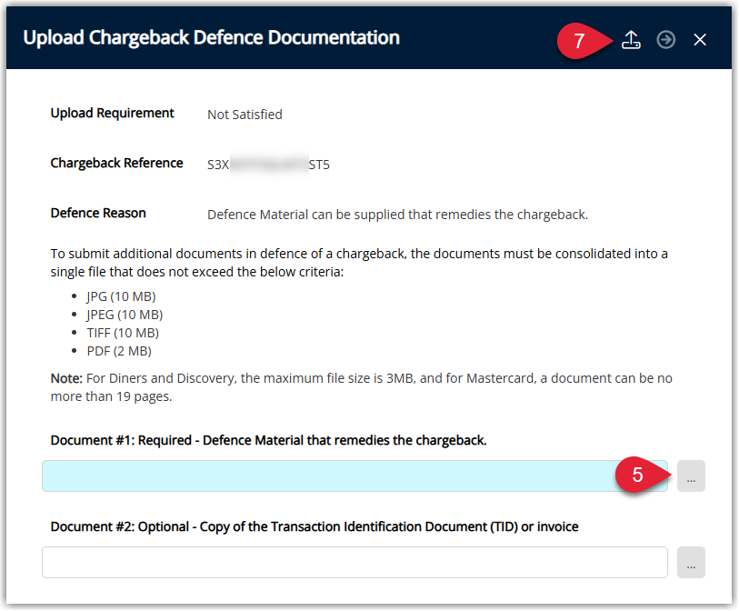 Annotated screenshot of the Upload Chargeback Defence Documentation screen in RMS Pay showing the document upload fields and accepted file size requirements