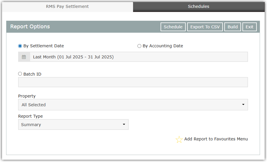 Screenshot of the RMS Pay Settlement report options screen showing the date range, property, and report type settings