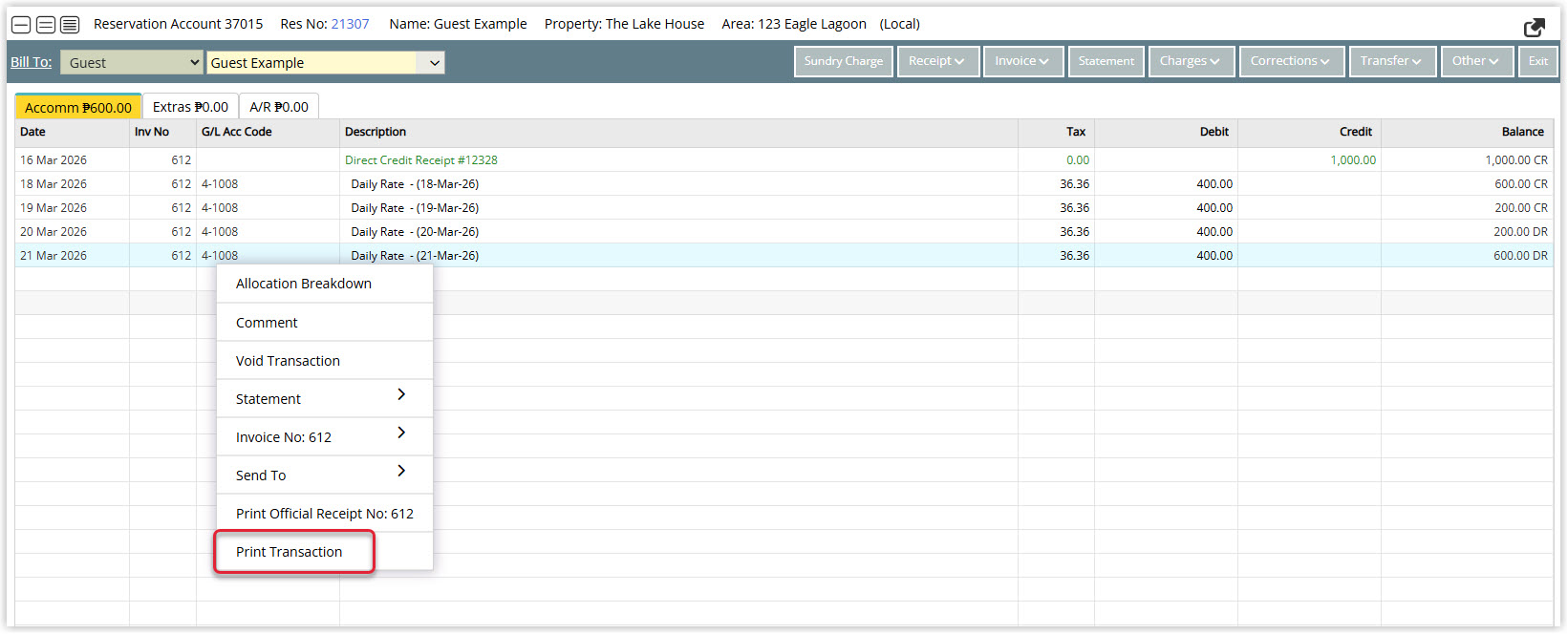 Annotated screenshot of the reservation account in RMS highlighting the right-click context menu for a receipt transaction including Print Transaction