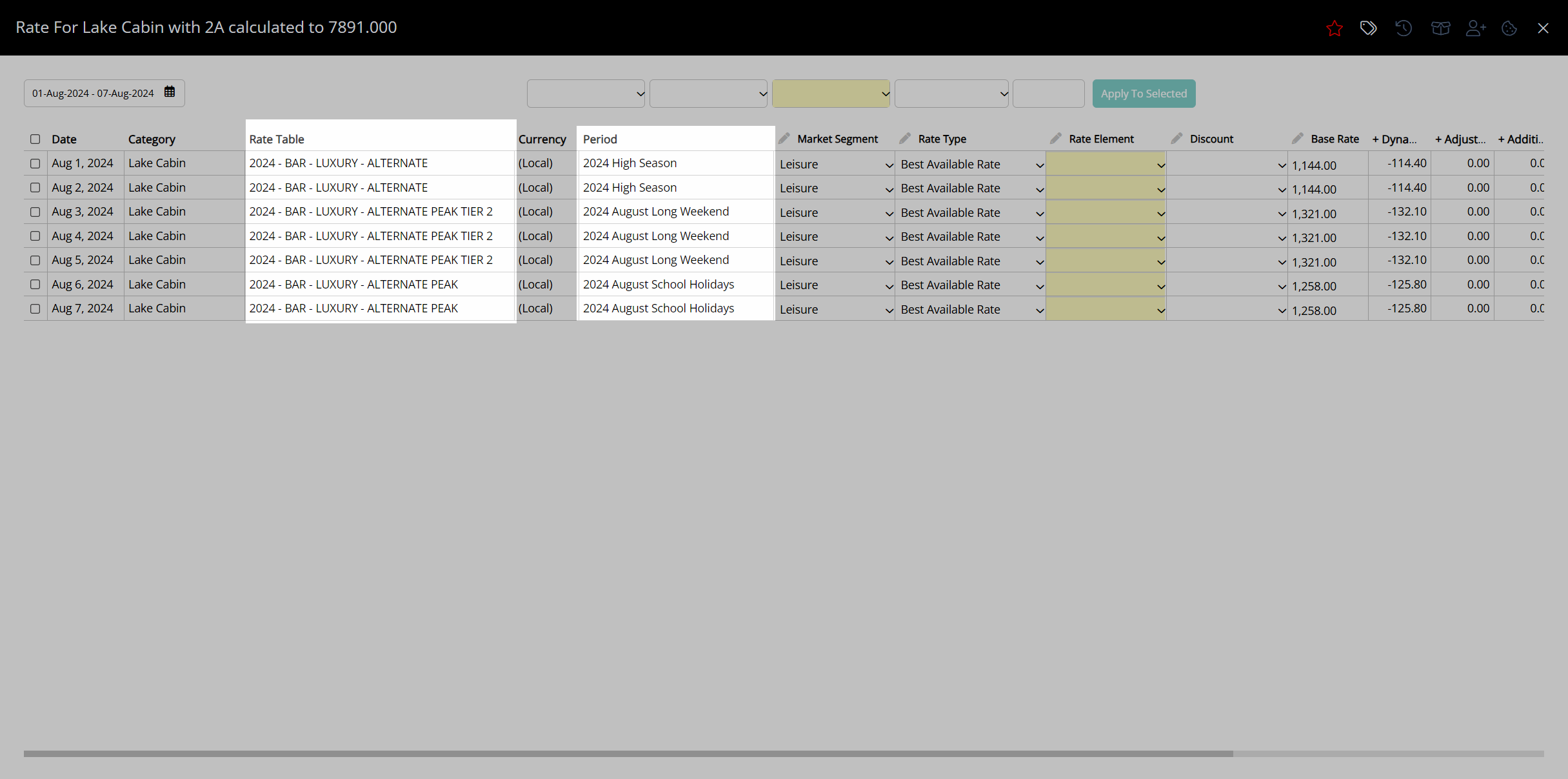 Total Rate Breakdown screen showing which Rate Lookup applies on each stay date across overlapping rate periods