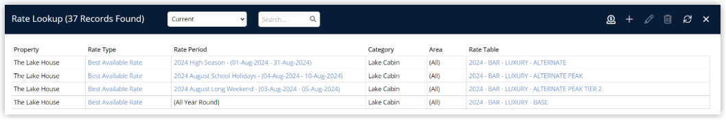 Rate Manager example showing multiple Rate Lookups with overlapping rate periods such as Long Weekend, School Holidays and High Season