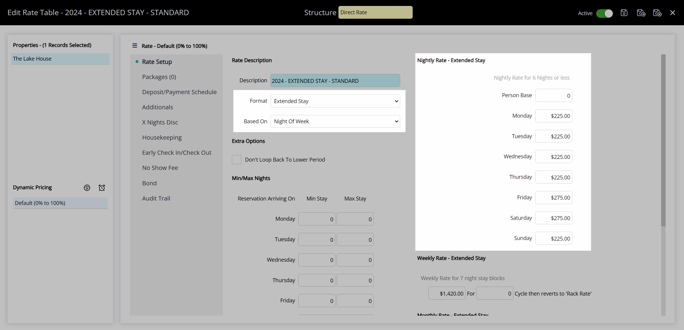 Extended Stay Rate Table showing Nightly, Weekly and Monthly rate sections