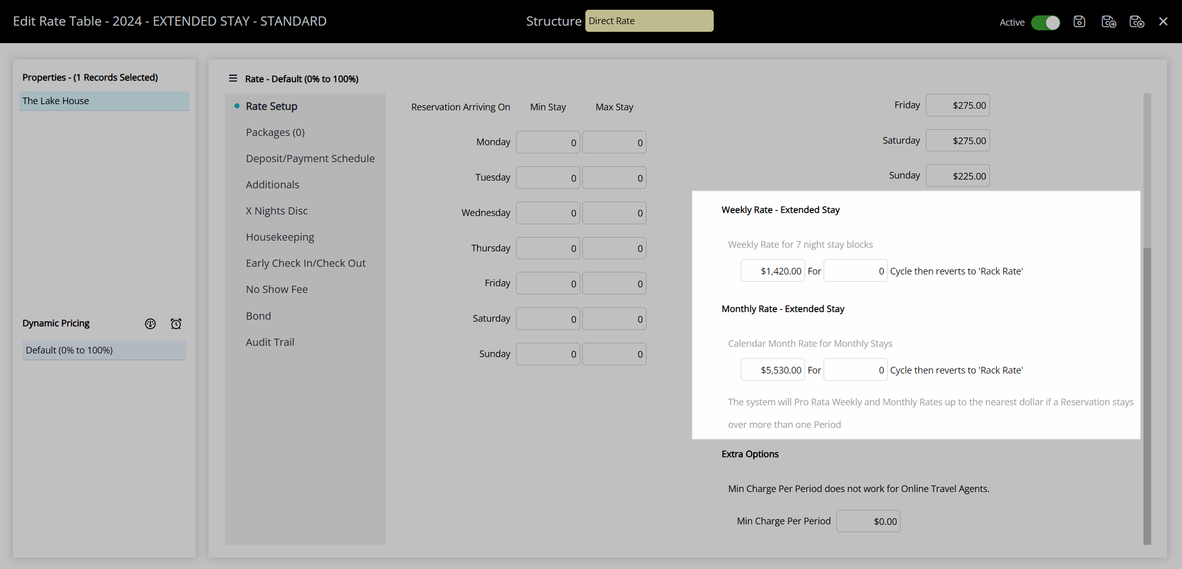 Extended Stay Rate Table with example nightly, weekly and monthly rate amounts entered