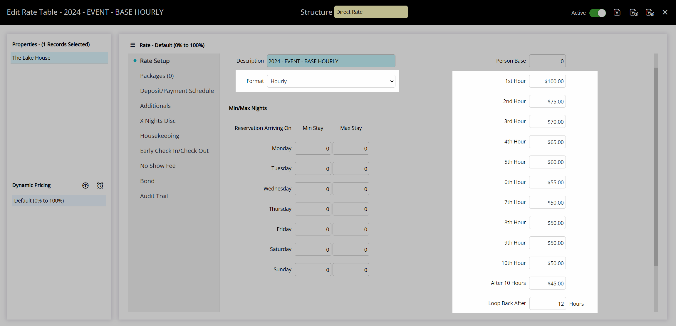 Hourly Rate Table example with different prices for each hour of stay