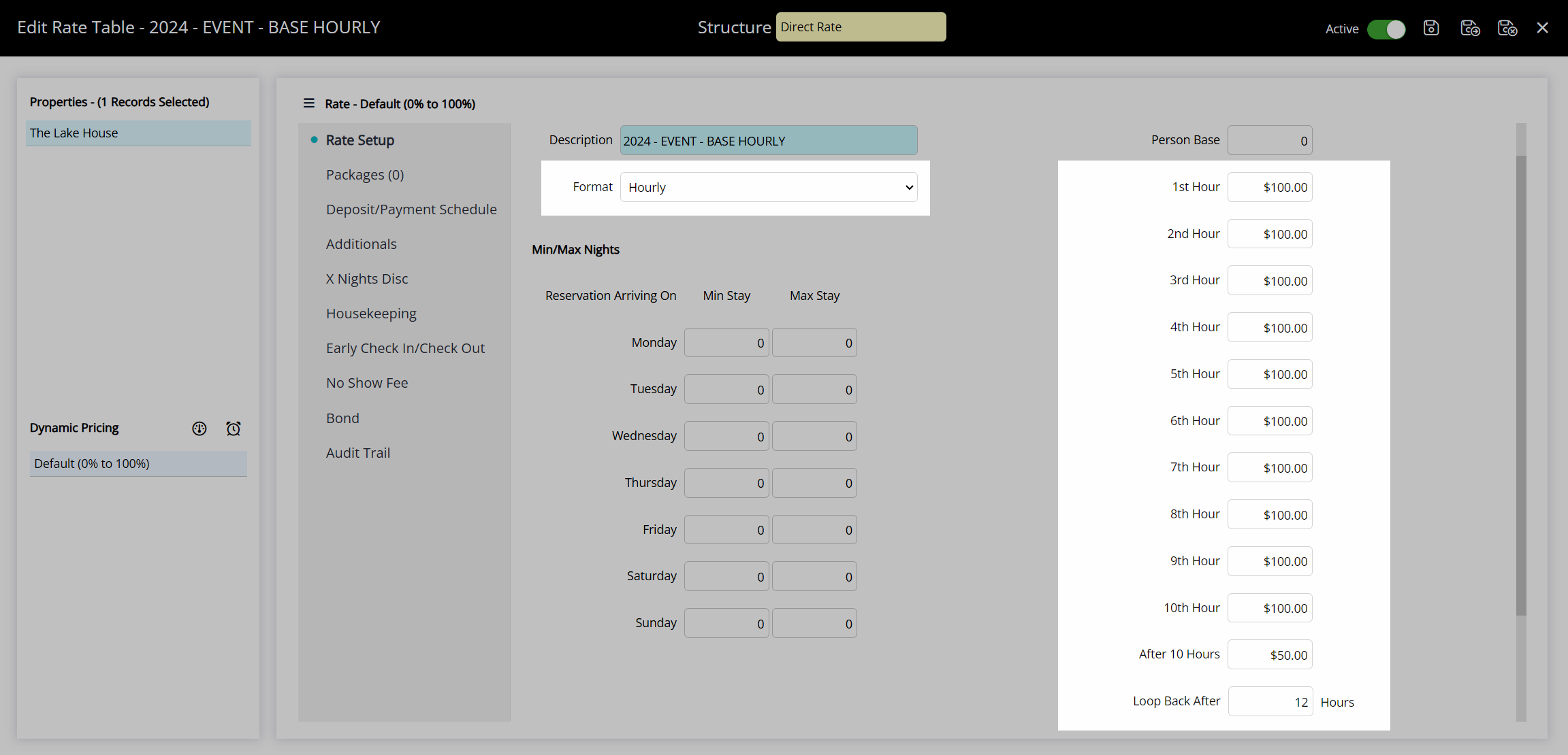 Hourly rate calculation example showing six‑hour stay total based on decreasing hourly prices