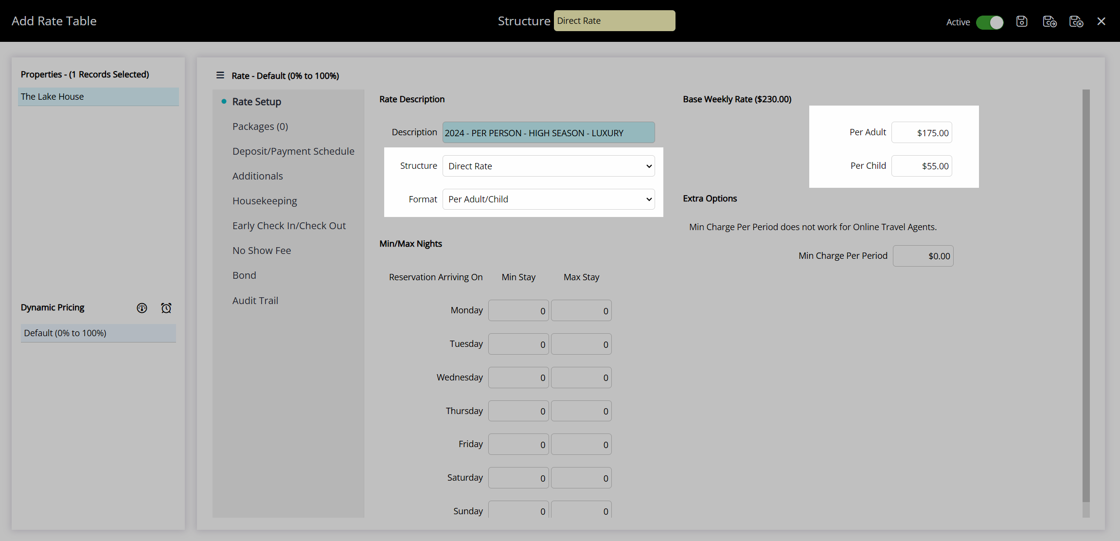 Per Guest Rate Table example showing different amounts for adults and children per night