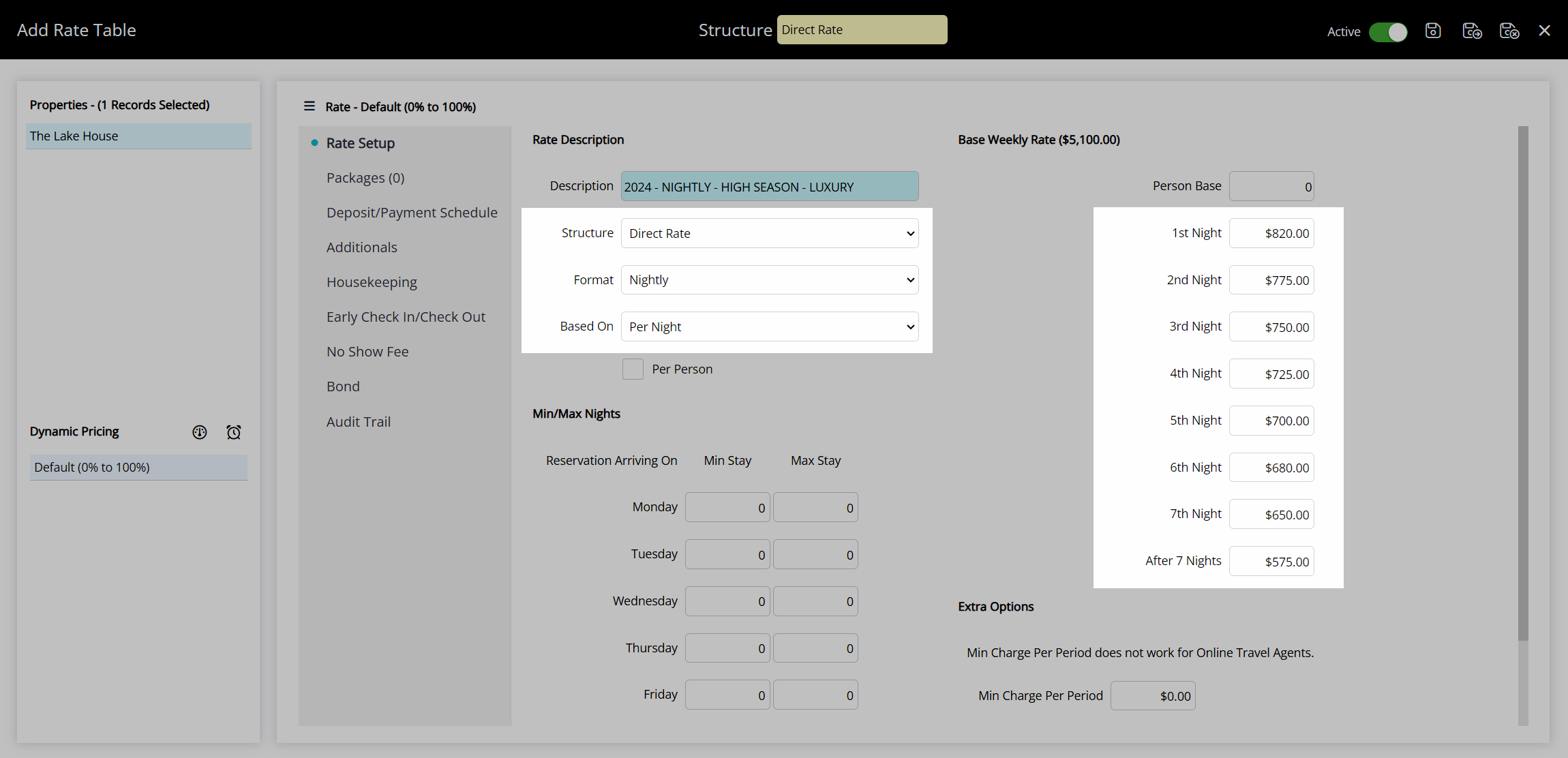 Nightly Rate Table example with specific Per Night values for each stay night