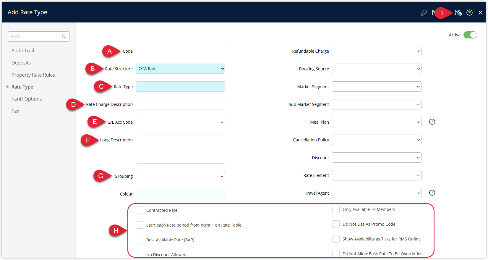 Annotated screenshot of the Add Rate Type screen in RMS highlighting the Code, Rate Structure, Rate Type, Rate Charge Description, G/L Acc Code, Long Description, Grouping and option checkboxes