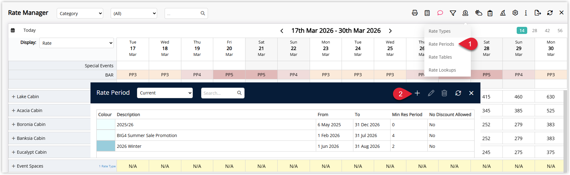 Annotated screenshot of the Rate Manager Rate Period list in RMS highlighting the Rate Periods menu option and the toolbar icons