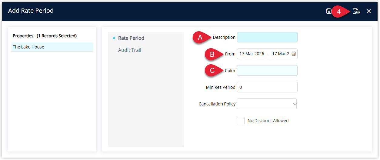 Annotated screenshot of the Add Rate Period screen in RMS highlighting the Description, From date, Color, Min Res Period, Cancellation Policy and No Discount Allowed fields