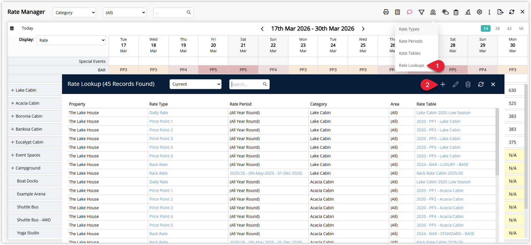 Annotated screenshot of the Rate Manager Rate Lookup list in RMS showing the Property, Rate Type, Rate Period, Category, Area and Rate Table columns
