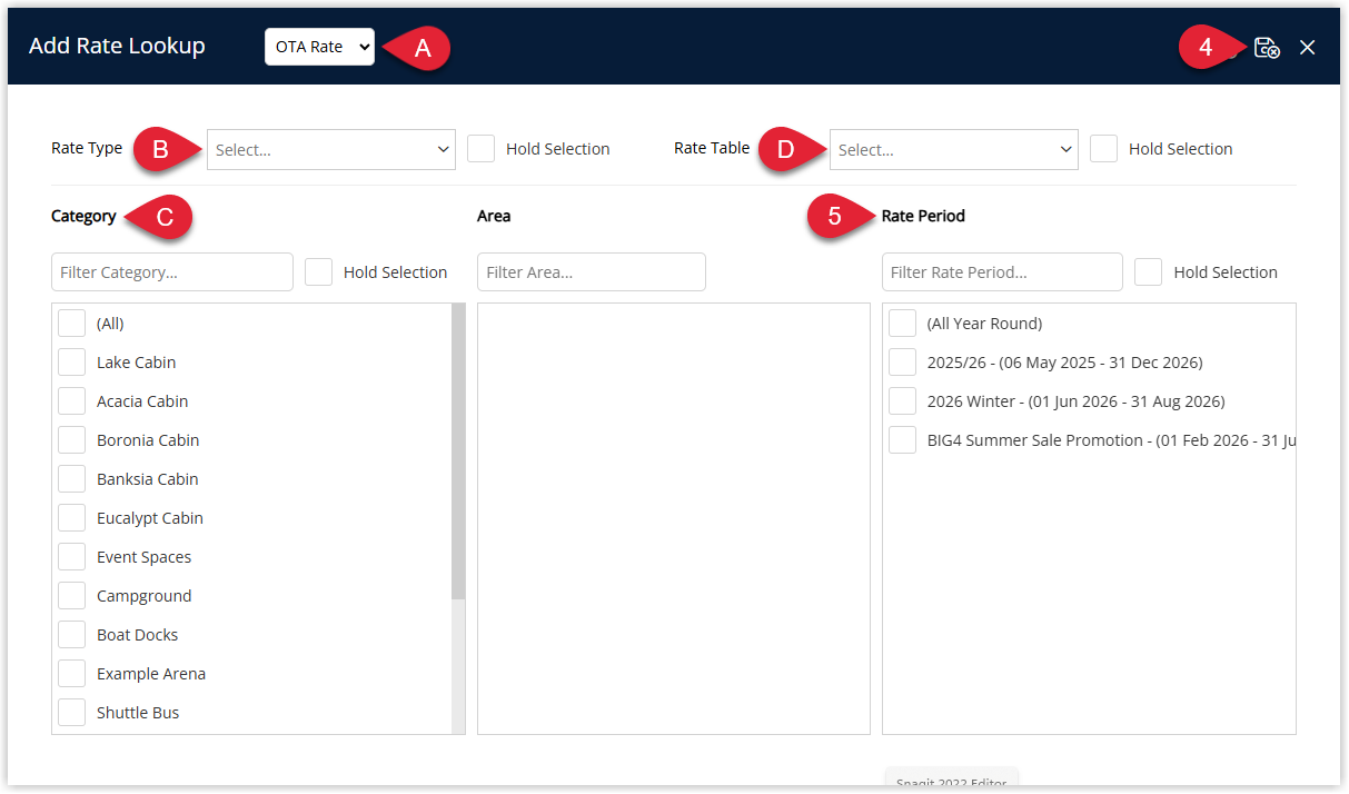 Annotated screenshot of the Add Rate Lookup screen in RMS highlighting the Rate Type, Category, Rate Table and Rate Period selection fields