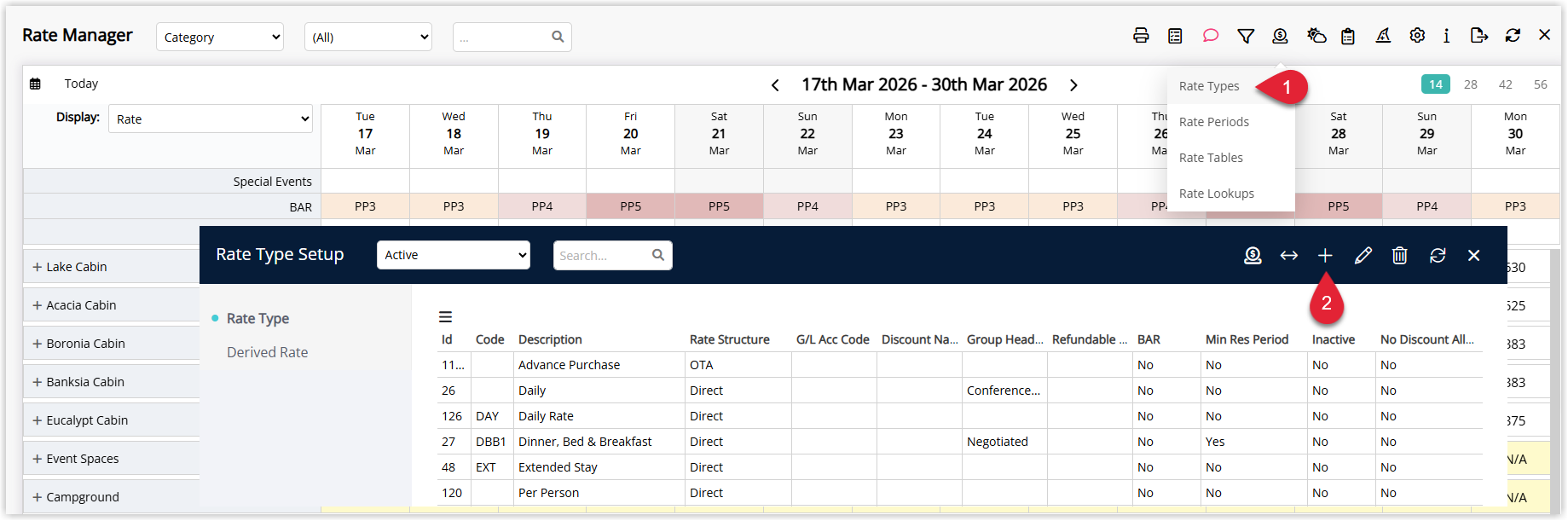 Annotated screenshot of the Rate Manager screen in RMS highlighting the Rate Types menu and the Rate Type Setup panel