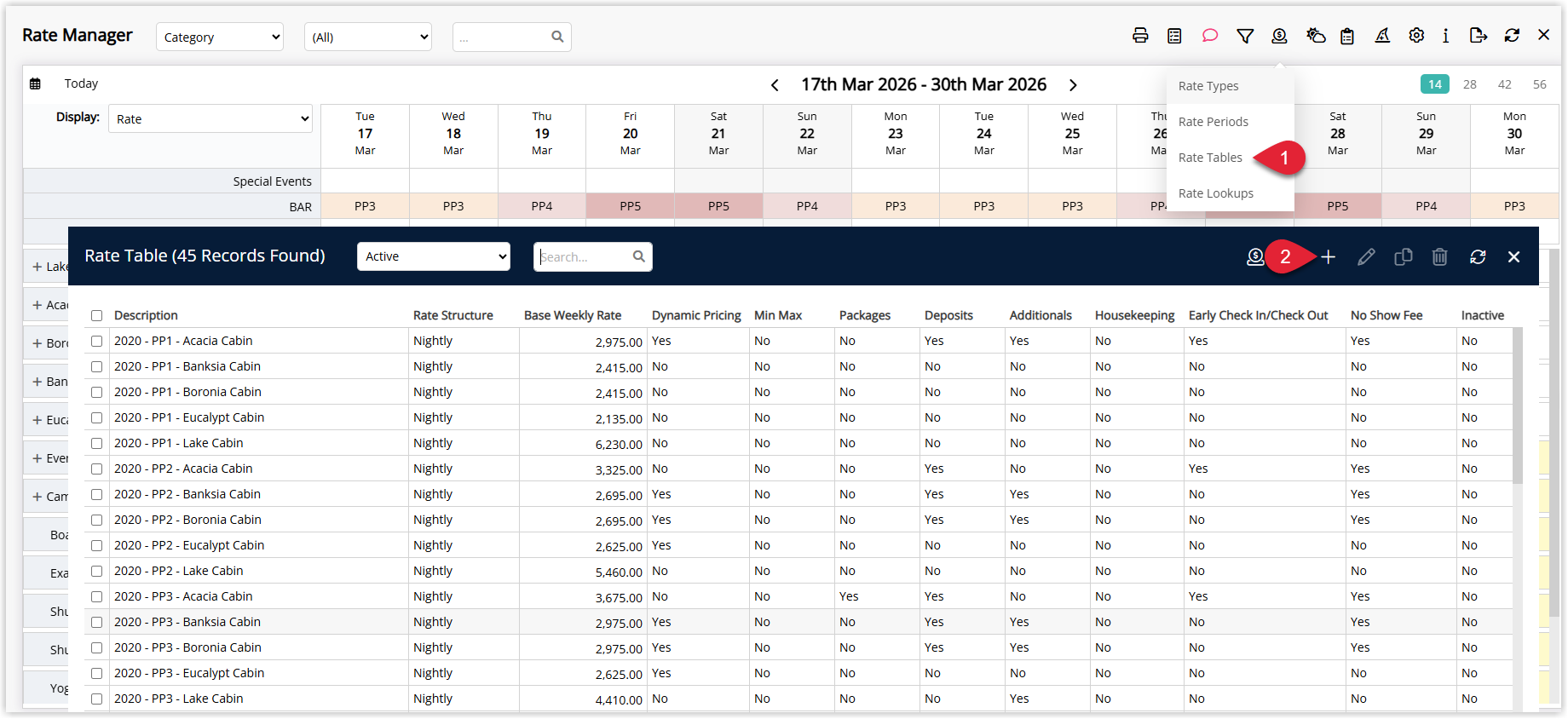 Annotated screenshot of the Rate Manager Rate Table list in RMS highlighting the Rate Tables menu option and the add icon