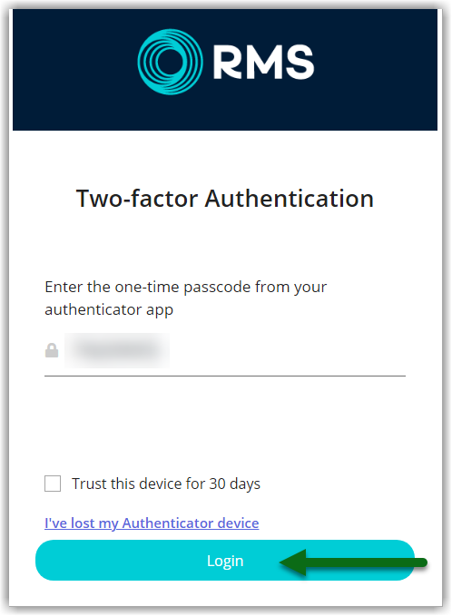 Annotated screenshot of the Two-factor Authentication screen in RMS with a green arrow indicating the Login button