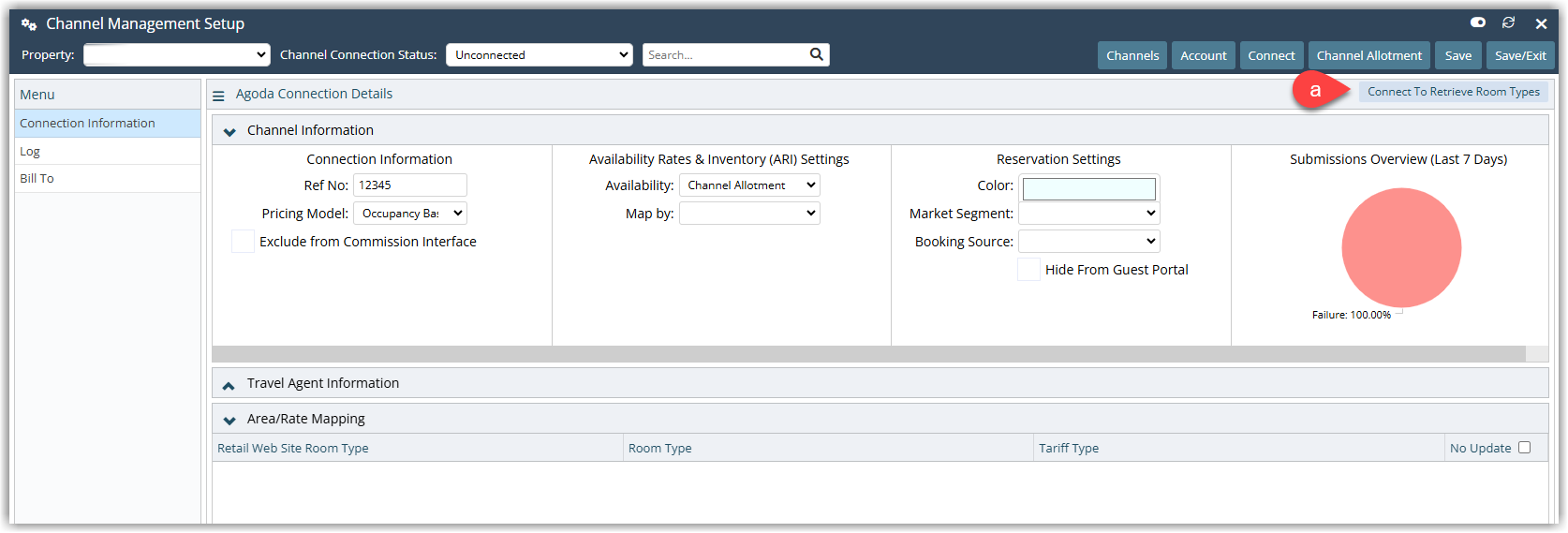 Annotated screenshot of a connected channel's connection details in RMS with the Connect To Retrieve Room Types button highlighted