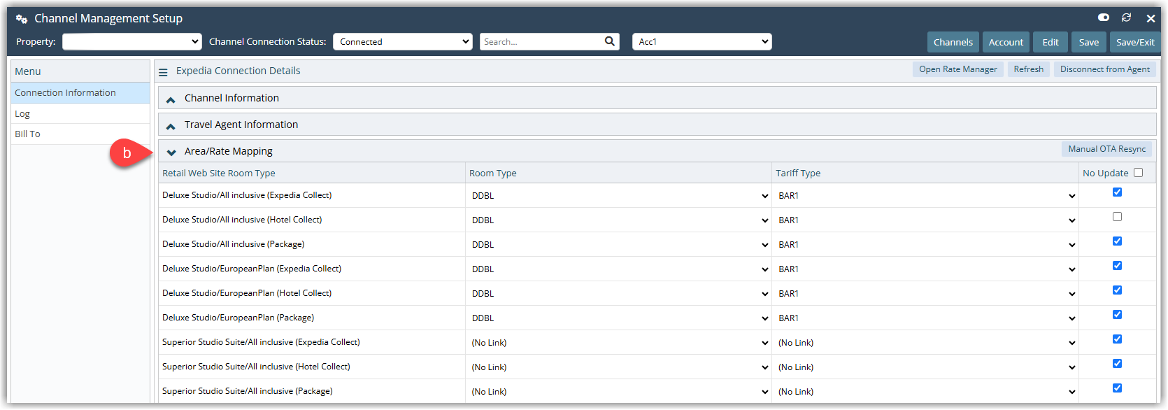 Annotated screenshot of the Area/Rate Mapping section of a channel connection in RMS with the room type and tariff type mapping rows highlighted