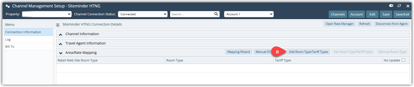 Annotated screenshot of the Area/Rate Mapping section of a channel connection in RMS with the Add Room Type/Tariff Types button highlighted