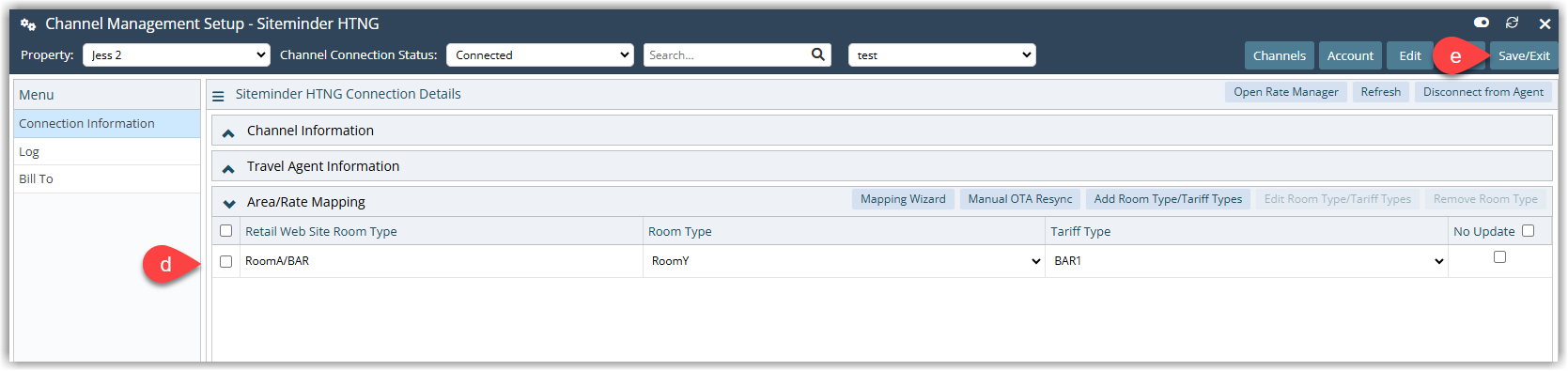 Annotated screenshot of the Area/Rate Mapping section of a channel connection in RMS with a completed mapping row and the Save/Exit button highlighted