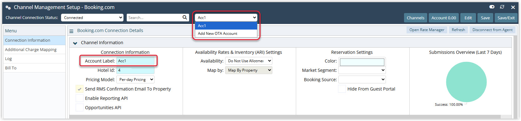 Annotated screenshot of the Channel Management Setup Booking.com Connection Information screen in RMS showing the Account Label, Hotel Id, and OTA account selector