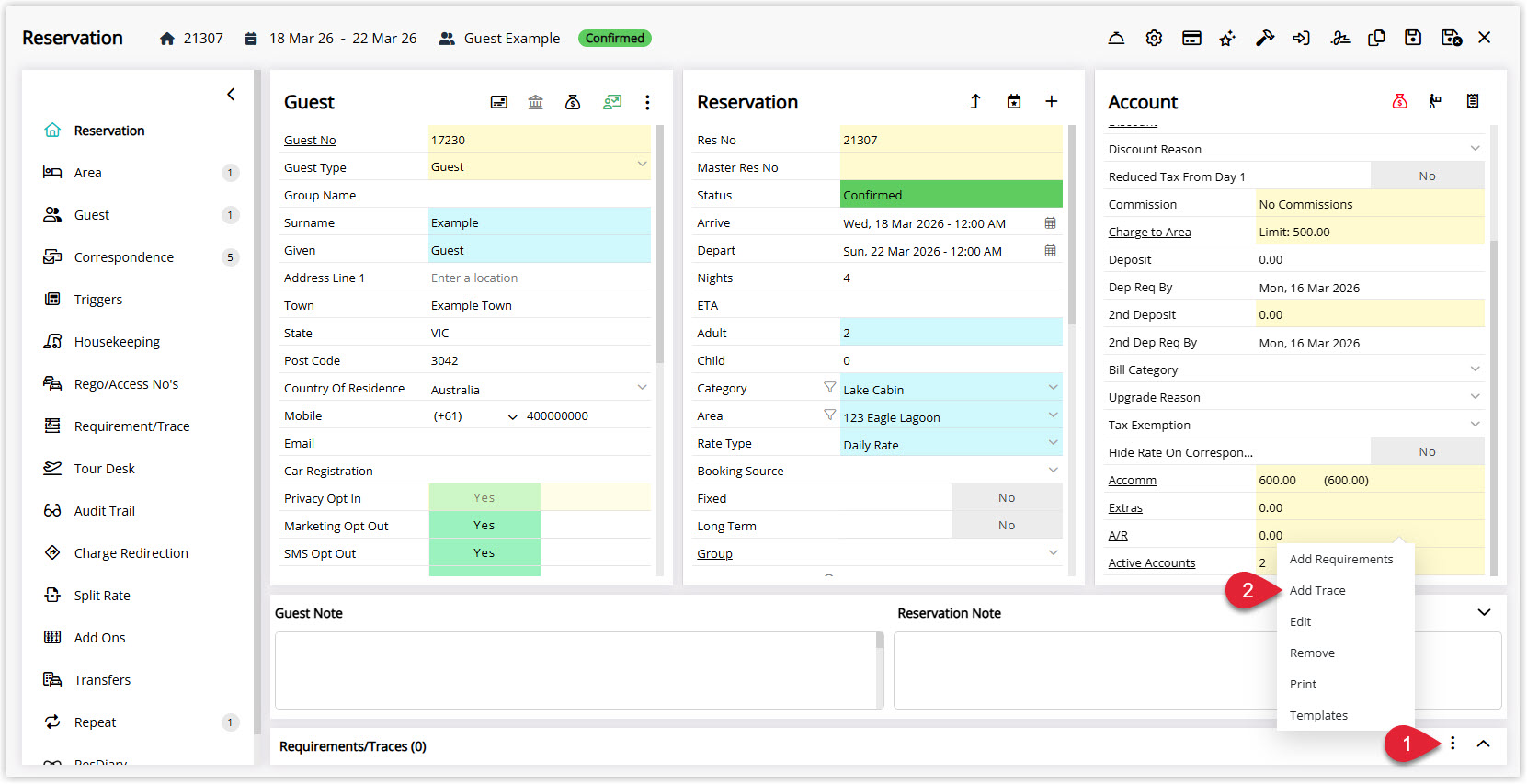 Annotated screenshot of the Reservation screen in RMS highlighting the Requirements/Traces menu and the Add Trace option