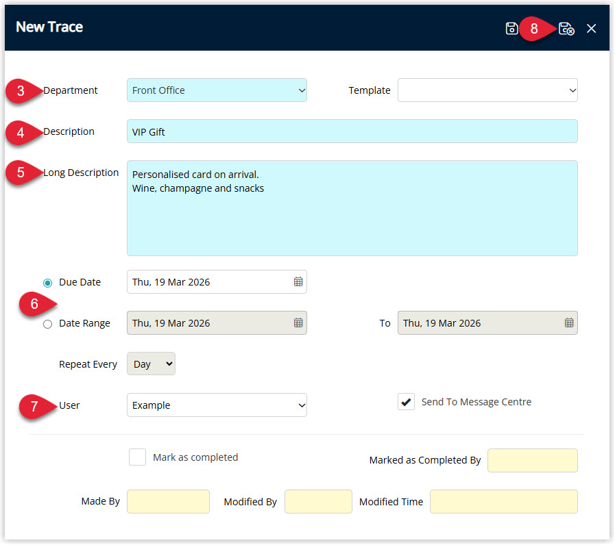 Annotated screenshot of the New Trace window in RMS highlighting the Department, Description, Long Description, Due Date, User fields and the save icon