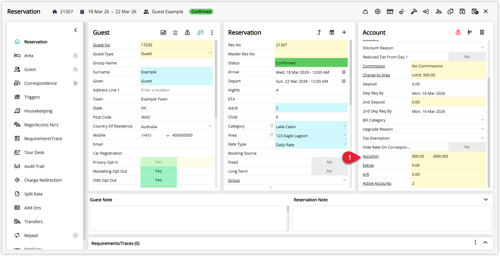 Annotated screenshot of the Reservation screen in RMS highlighting the Accomm link to open the guest account