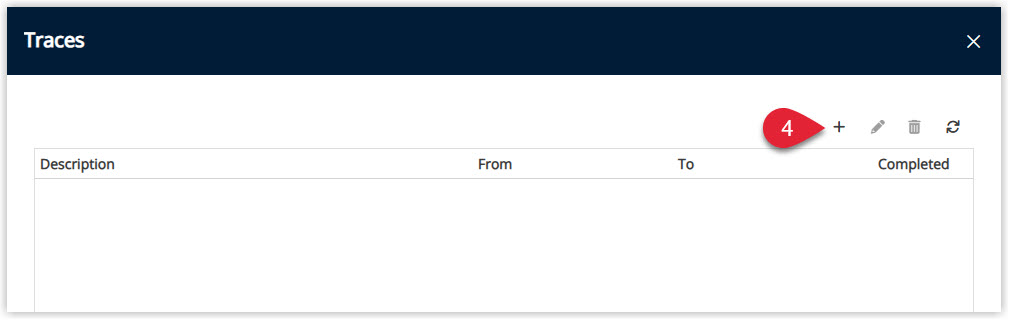 Annotated screenshot of the account Traces window in RMS highlighting the add trace icon