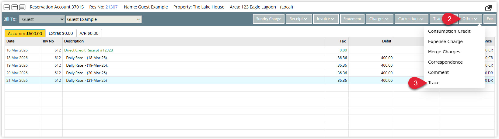 Annotated screenshot of the guest account in RMS highlighting the Other menu and the Trace option
