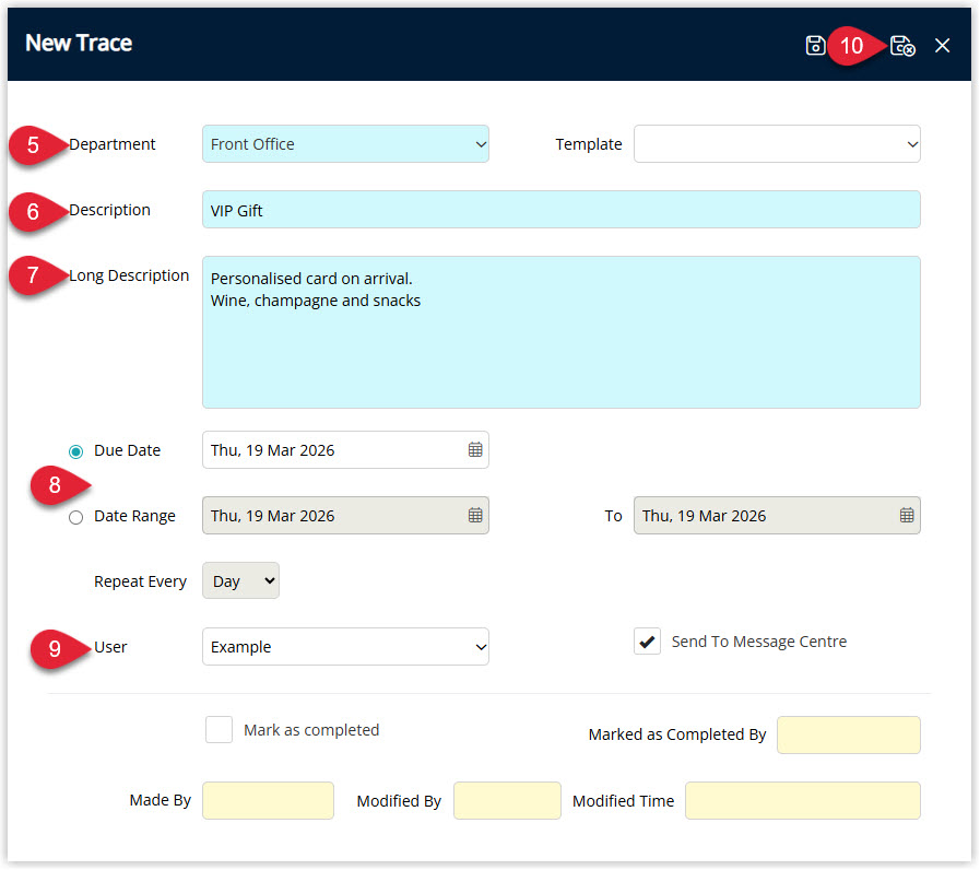 Annotated screenshot of the New Trace window in RMS highlighting the Department, Description, Long Description, Due Date, User fields and the save icon
