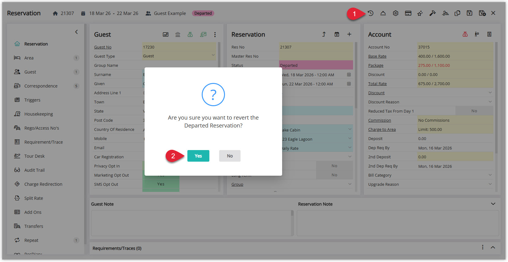 Annotated screenshot of a departed reservation in RMS with the revert confirmation dialog open and the Yes button highlighted
