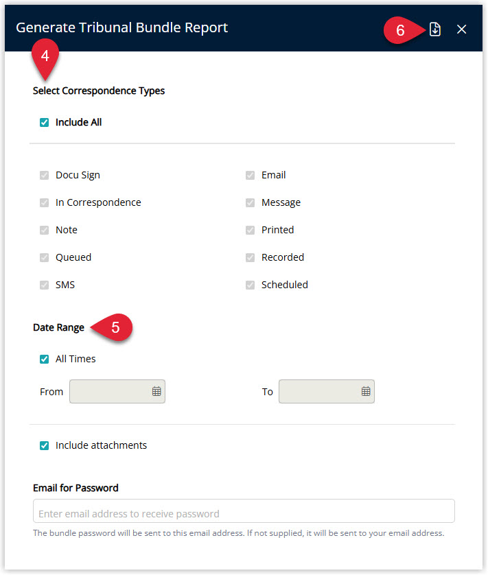 Annotated screenshot of the Generate Tribunal Bundle Report window in RMS highlighting the Select Correspondence Types, Date Range, Include attachments and Email for Password fields and the generate icon