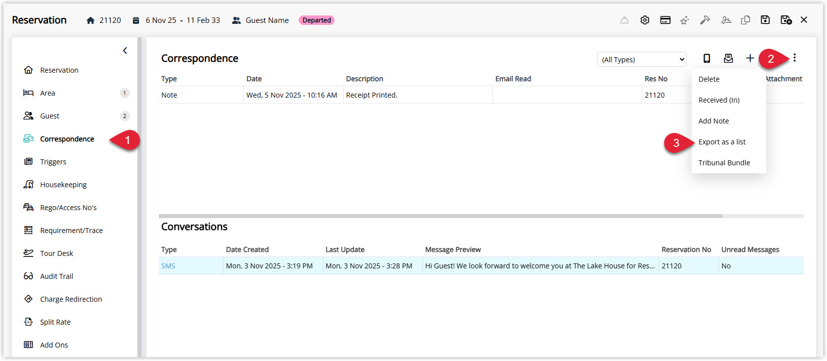 Annotated screenshot of the Reservation Correspondence tab in RMS highlighting the Correspondence menu and the Export as a list option