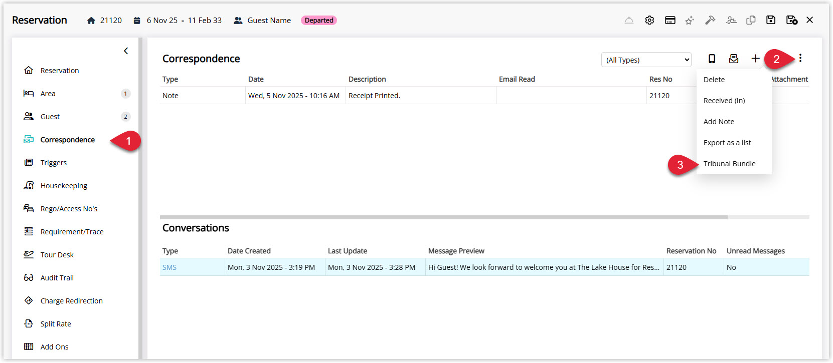 Annotated screenshot of the Reservation Correspondence tab in RMS highlighting the Correspondence menu and the Tribunal Bundle option