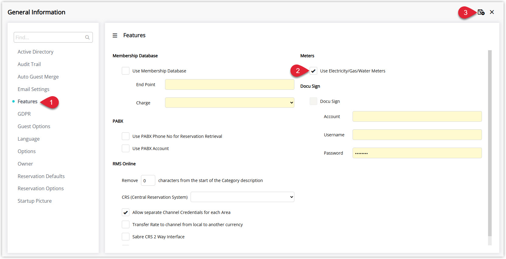 Annotated screenshot of the Features screen in RMS highlighting the Use Electricity/Gas/Water Meters option and the save icon
