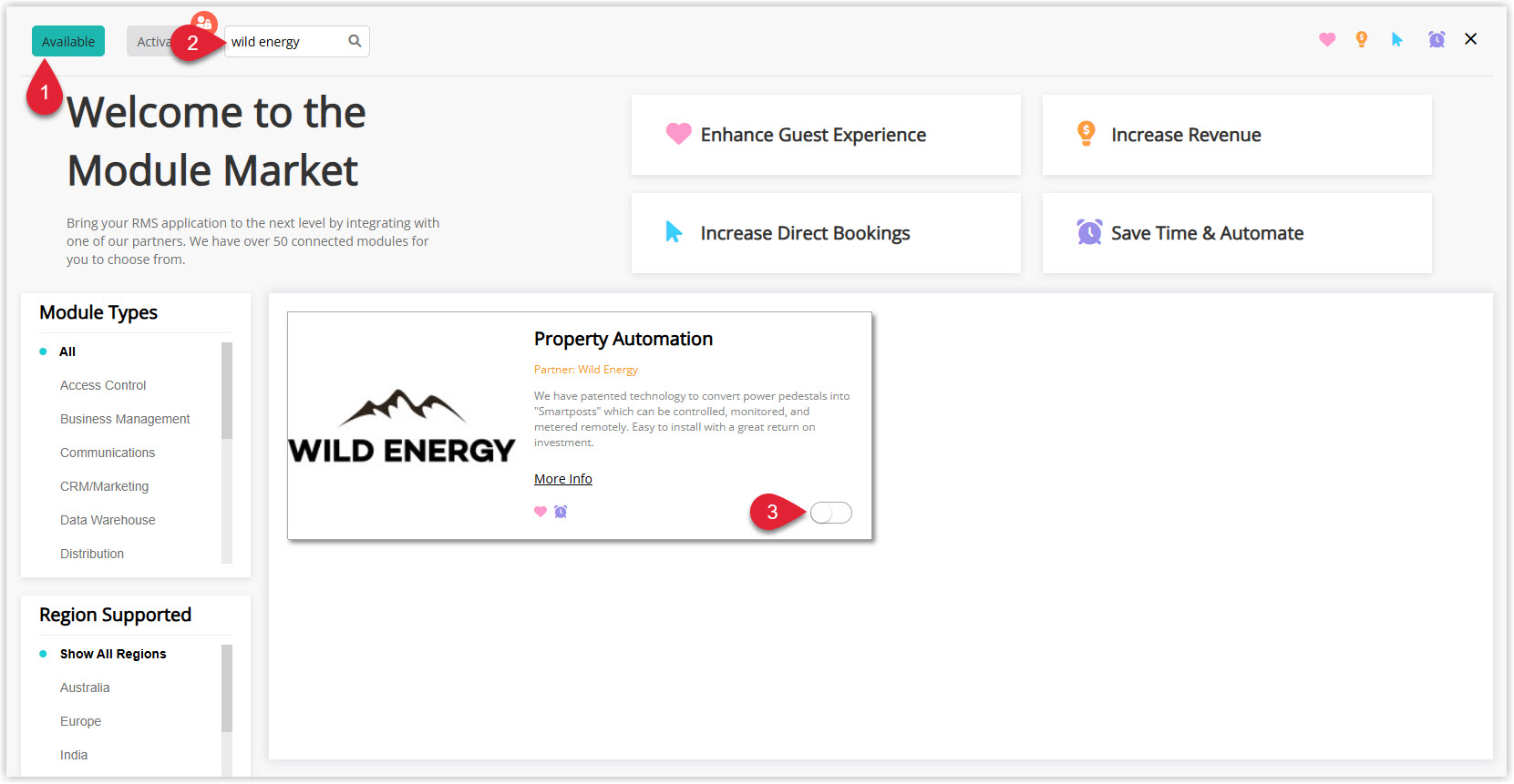 Annotated screenshot of the Module Market screen in RMS highlighting the Available tab, the search box and the activation toggle for the Wild Energy module