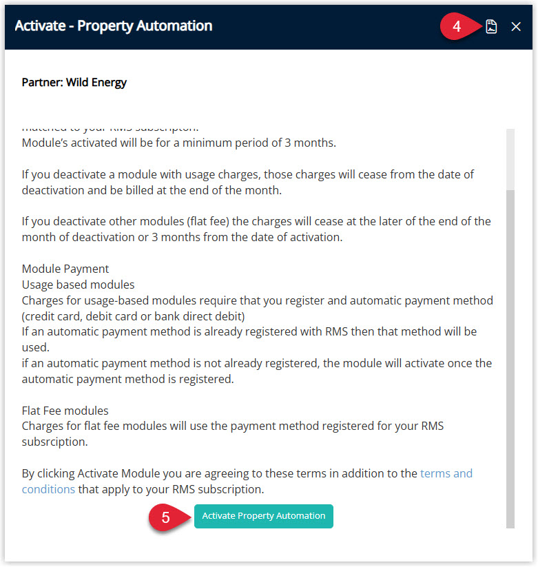 Annotated screenshot of the Activate Property Automation window in RMS highlighting the activation terms and the Activate Property Automation button