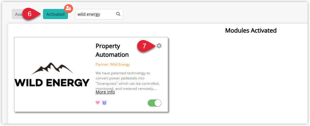 Annotated screenshot of the Module Market Activated tab in RMS highlighting the activated Wild Energy module and its settings icon