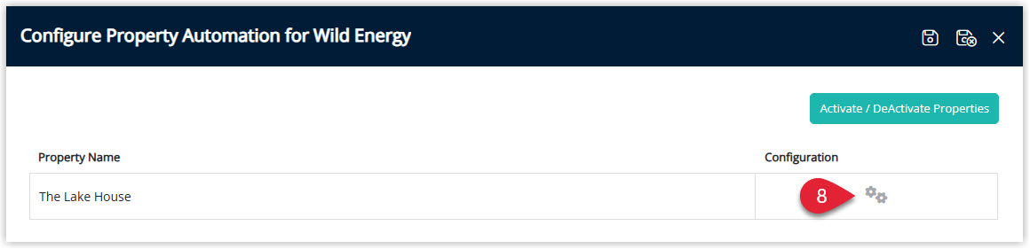 Annotated screenshot of the Configure Property Automation for Wild Energy screen in RMS highlighting the property configuration icon