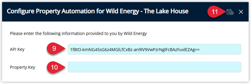 Annotated screenshot of the Configure Property Automation for Wild Energy window in RMS highlighting the API Key and Property Key fields and the save icon
